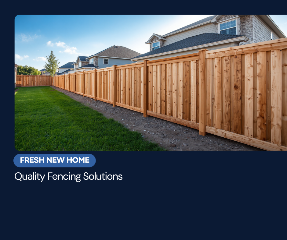 New cedar wood privacy fence freshly installed along the backyard of a new-construction home in Montgomery County, TX, with survey marker flags near the posts