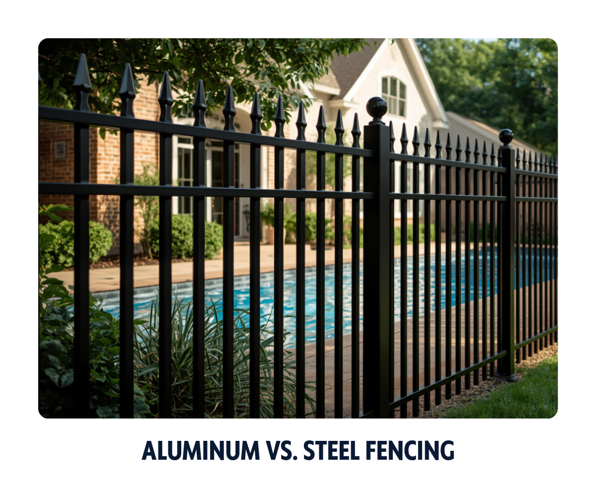 Black ornamental aluminum and steel picket fence along a North Houston backyard pool, illustrating the aluminum vs steel fence Houston comparison