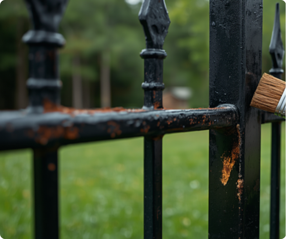 Hand applying rust-inhibiting primer with a paintbrush to a spot of surface rust on a black ornamental iron fence, illustrating how to prevent and fix fence rust in North Houston