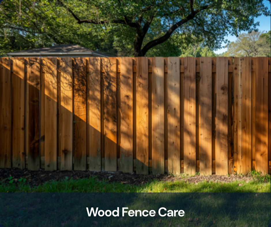 Cedar wood privacy fence in a North Houston backyard with sun and shade contrast, illustrating mold and mildew prevention on wood fences
